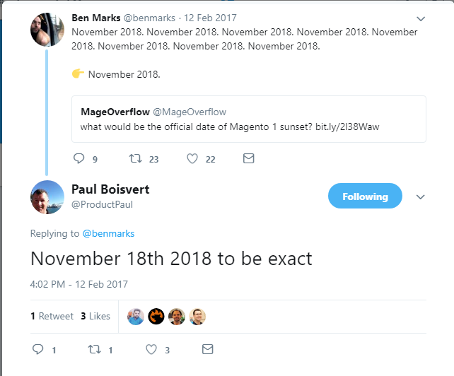 Magento 1 end of life twitter conversation